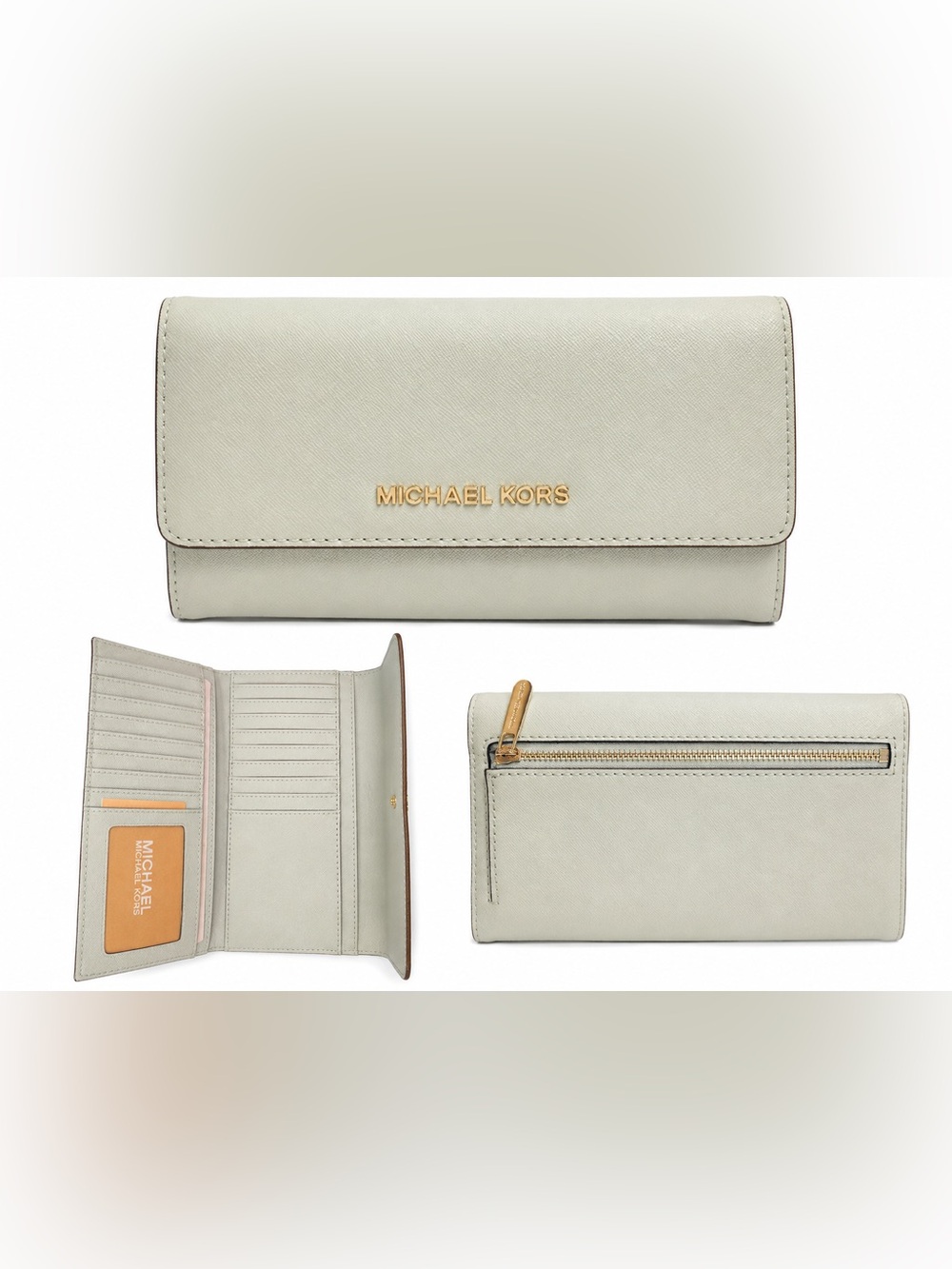 Michael Kors Light Gray Leather Continental Wallet with Gold Hardware